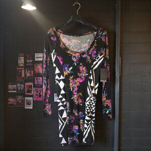 NWT Hurley Carmine Dress M Black Floral Geometric Bodycon Long Sleeve Y2K Grunge